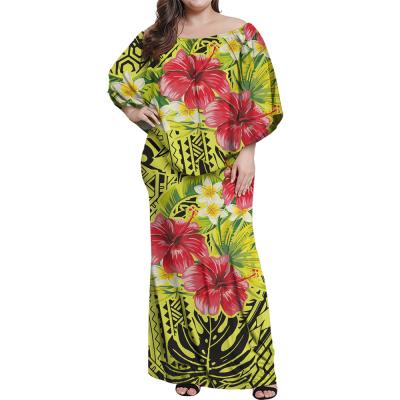 China Hot Sale Anti-Static Hawaiian Polynesian Hibiscus Off Shoulder Long Dresses Print Custom Made Women Loose Maxi Casual Dress Elegant Wholesale for sale