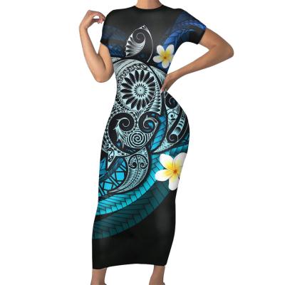 China Breathable Polynesian Samoan Plumeria Print Amerian Short Sleeve For Women Casual Sexy Bodycon Printing Ladies Floral Dress Polyester for sale