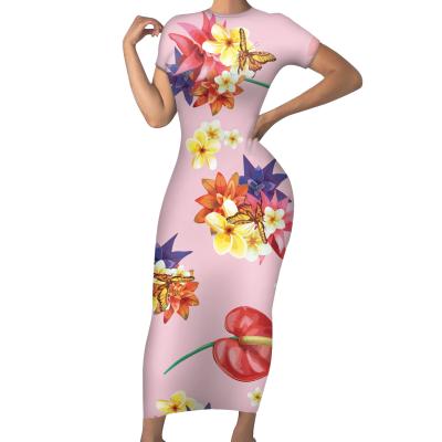 China Flower Print Breathable Pink Dress For Women Ladies Unique Female Short Sleeve Bodycon Evening Party Wear Elegant Dresses for sale