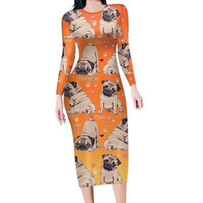 China Breathable Cute Puppy Pug Dog Print Casual Outfits For Home Long Sleeve Women Ladies Funny Sexy Female Colorful Bodycon Dresses for sale