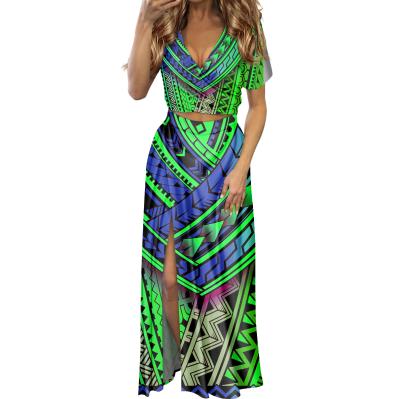 China Breathable Green Polynesian Samoan Tribal Print Cothes Feminine Dresses Designer Women Summer Short Sleeve Dress and Full Crop Beach Dresses for sale