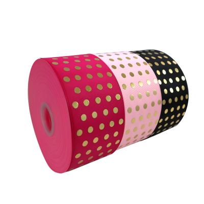 China Best Viable Selling Custom Printed Gold Foil Polka Dot Grosgrain Red Ribbon For Gift Wrapping for sale