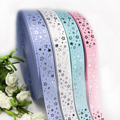 China Durable High Quality Custom Grosgrain Ribbon Gold Silver Stars Printed Ribbon For Hair Bows DIY Crafts for sale