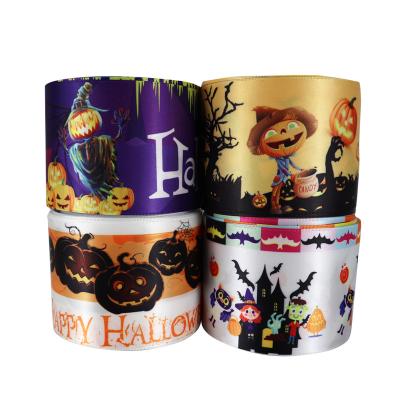 China Sustainable Pumpkin Lantern Halloween Printed Grosgrain Satin Ribbon for sale