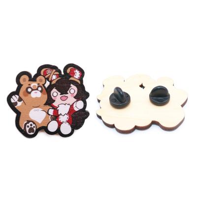 China Custom Cute Lapel Wooden Europe Bear Wooden Pin Badge For Clothes Custom for sale