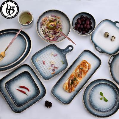 China Viable Wholesale High Quality Gradient Snowflake Glazed Bone China Dish Ceramic Dinnerware Set New Bone China Dinnerware Sets for sale