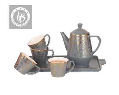 China Sustainable Hot Selling Gray Ceramic Coffee Teapot Set Porcelain Decal Gold Cup And Saucer for sale