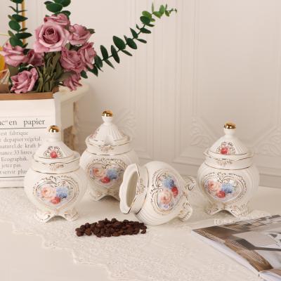 China Best Product Viable Sale Ceramic Flower Decal Storage Coffee Tea Sugar Jar Ceramic Canister for sale