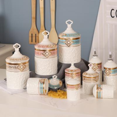 China Viable Wholesale Canisters Sets For Kitchen Storage Tea Coffee Coffee Sugar Canister Ceramic Jar Set for sale