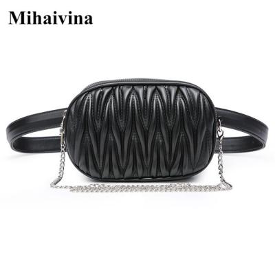 China Luxury Water Proof Chain Shoulder Bags Female Leather Purse Fanny Pack For Women Waist Pack Chest Bag Pleated Round Belt Bag for sale