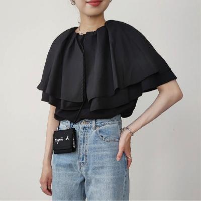 China Black Anti Shrink Ruffle O Neck Design Details Lady Blouse for sale