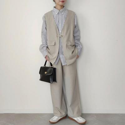 China Lady Style Breathable Gray Cotton Loose Vest And Pant Suit for sale