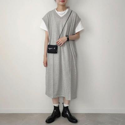 China Anti-Static Knit Dress Sleeveless Straight V-Neck Rib Collar Loose Dress for sale