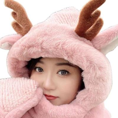 China Keep warm cute 2023 winter antler hat scarf three piece rabbit hair scarf. for sale