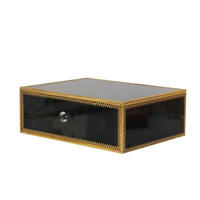 China Dustproof Desk Stocked Retro Oversized Tempered Glass Cosmetic Storage Box Skin Care Products Finishing Square Rack for sale