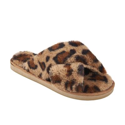 China New flat bottom women's hairy toe slippers fashion trend furry slippers leopard open pattern anti slip indoor shoes cross band slippers for sale