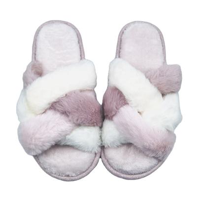 China Plush Open Top Fur Waistband Anti-odor Triple Cross Toe Spring Outdoor Indoor Slippers For Woman for sale