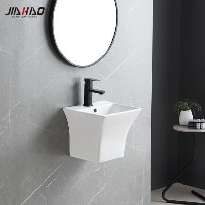 China JIAHAO Simple One Piece Wash Basin With Built-in Half Pedestal Slim Rim Compact Splendor Viewing Wall Hung Wash Basins for sale