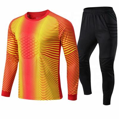 China Quick Dry Breathable Red Yellow Soccer Goalie Jerseys Professional Soccer Goalie Singlet Set Logo Long Sleeve Padded Customized Football Shirt for sale