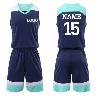 China Breathable Custom Logo White Star Logo Basketball Uniform Cheap Navy Blue Basketball Shirt And Shorts for sale