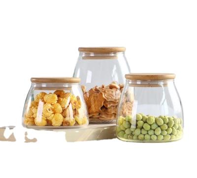 China Wholesale custom clear glass food jar lid glass bamboo container with wooden lid for sale