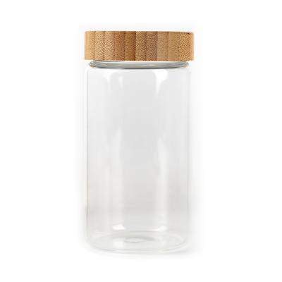 China Sustainable Foods Candy Foods Wooden Lid Air Storage Containers Rubber Tight Sealed Glass Jar With Bamboo Lid for sale