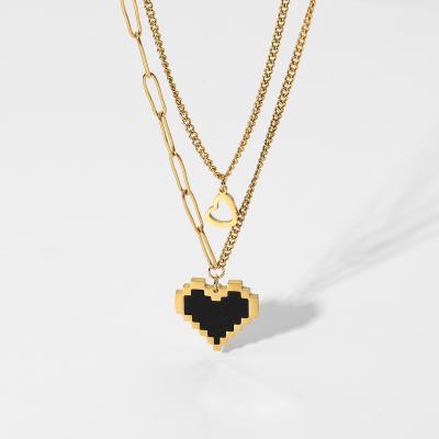 China Hip Hop Jewelry 18k Gold Necklace Stainless Steel Mosaic Heart Pendants Women Gold Plated Hypoallergenic Multi Layered Necklace for sale