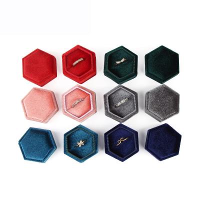 China Red Suede Ring Box Jewllery Packaging Wedding Ring Display Package Recyclable Elegant Luxury Hexagon Red Wine Velvet Boxes for sale