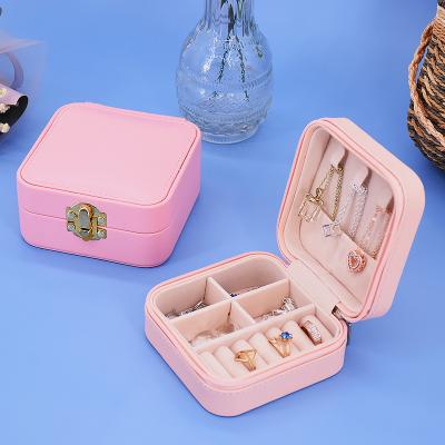 China Rose Leather Jewelery Ring Storage Flip Case Flip Cover Zipper Jewelry Box PU Jewelry Box Custom Made Hand Made for sale