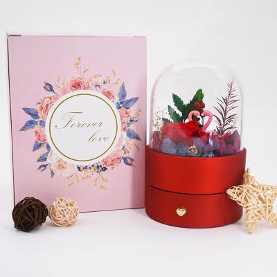 China Romantic Red Acrylic Lid Cylinder Drawer Flower Jewelry Box Handcrafted Around Flower Jewelry Box for sale