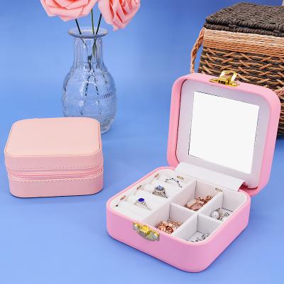 China Handcrafted PU Storage Box With Mirror Flip Cover Mini Retro Compact Portable Jewelry Case Jewelry Box Female Wholesale for sale