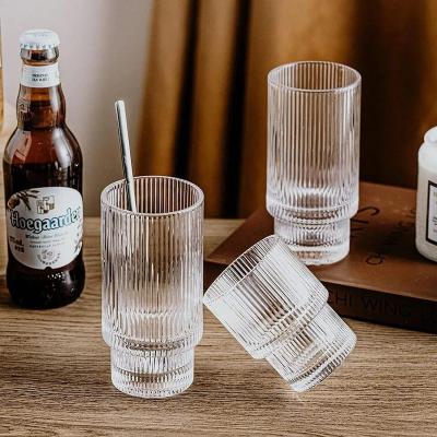 China Sustainable Origami Styles Vintage Cocktail Glass Stackable Ribbed Glassware Fluted Glass Cups For Iced Coffee Juice Water for sale