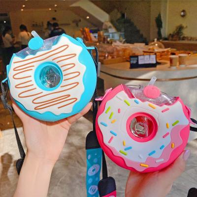 China Sustainable New Style 350ml Small Capacity Children's Cute Donut Drinking Water Bottle Neck Hanging With Straw for sale