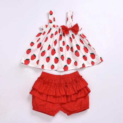 China Lovely Girl 2019 Flofallzique Soft Cotton Suits Strawberry Pattern Cotton Strap With Bow Top Sheer Red Pants For Outdoor Activity for sale