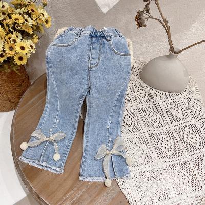 China Breathable Baby Girls Jeans Girls 2021 New Western Style Bowknot Spring Pants Soft Casual Pants for sale