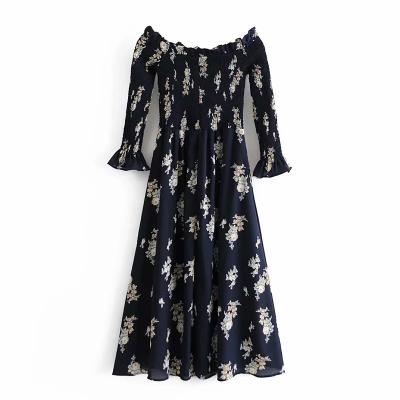 China Autumn Fashion Breathable Women's Clothing European And Retro American French One-Shoulder Printed Split Dress For Dates for sale