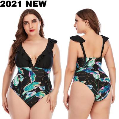 China 2022 new fashion v-neck plus size floral print one-piece bikini plus size swimwear plus size bikini for fat ladies for sale