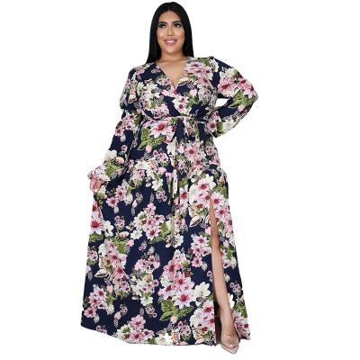 China OEM Customized Anti-static 4xl plus size muslim abaya dashiki style long flower print high waist long sleeve women dress for sale