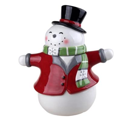 China Ceramic Winter Holiday Collection 22 cm CLASSIC Christmas Snowman Novelty Home Tall Cookie Jar for sale