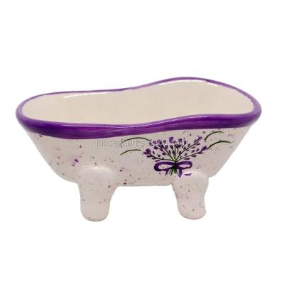 China Bathtub Shape Modern Ceramic Soap Dish With Lavender Printing For European for sale