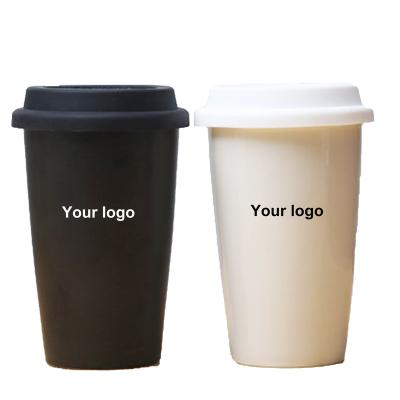 China Viable Custom Double Wall Ceramic Coffee Mug with Silicone Lid, Double Wall Ceramic Mug with Lid, Ceramic Double Wall Mug for sale