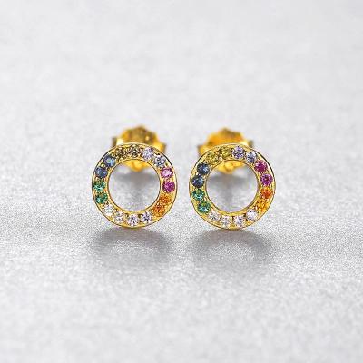 China Cute 18K Sterling Silver CZ Gold Plated Diamond Earrings Circle Minimalist Halo Rainbow Stud Earrings For Women Round Hollow Jewelry for sale