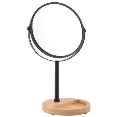 China Small Vanity Table Standing Bamboo Cosmetic Mirror Makeup Magnifying Mirror With Wooden Storage Tray Base for sale