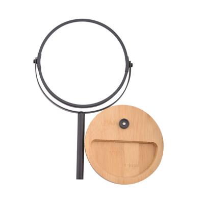 China OEM/ODM 360 Rotation Portable Desktop Cosmetic Mirror Magnifying Desktop Round for Makeup with Wood Base for sale