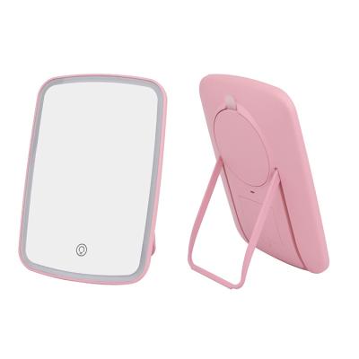 China Custom Magnifying Plastic Tabletop Vanity Mirror Lighted 5x Folding Makeup Mirror Square Hand Mirror Desk With Lamp for sale