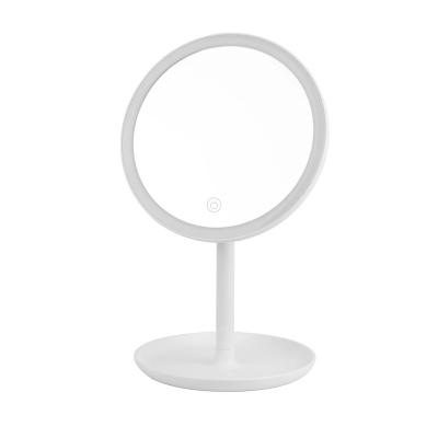 China Round Top Lighted Dressing Table Mirror Table Women Desk Led Light Mirror Makeup With Led Light And Storage Base Tray for sale