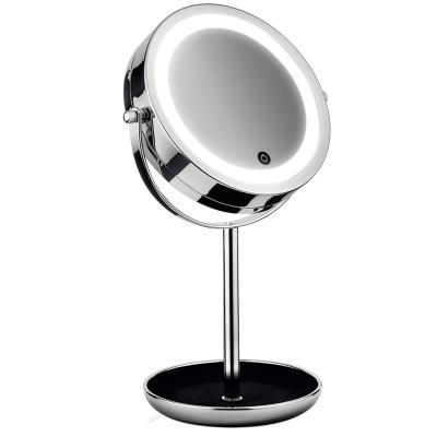 China Lighted Double Sided Round Magnifying Led Makeup Mirror Standing 360 Degree Swivel Vanity Mirror With Lamps for sale