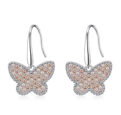 China Wholesale Cute Luxury Butterfly Zircon Earrings Women 18k Gold Plated Diamond Dangles Earring For Women Pink for sale