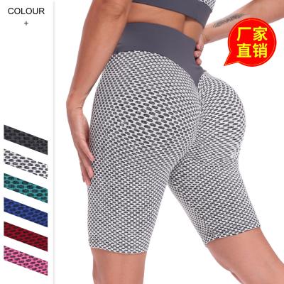 China Antibacterial Sports Fitness Women Summer Clothes Tight Running High Waist Bubble Honeycomb Yoga Clothes Set for sale