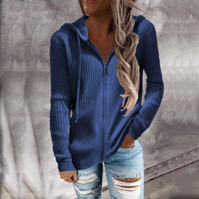 China Autumn And Winter Fashion Women Breathable Coated Loose Striped Knit Sweater Zipper Long Sleeve Cardigan Hooded Tops Clothing for sale